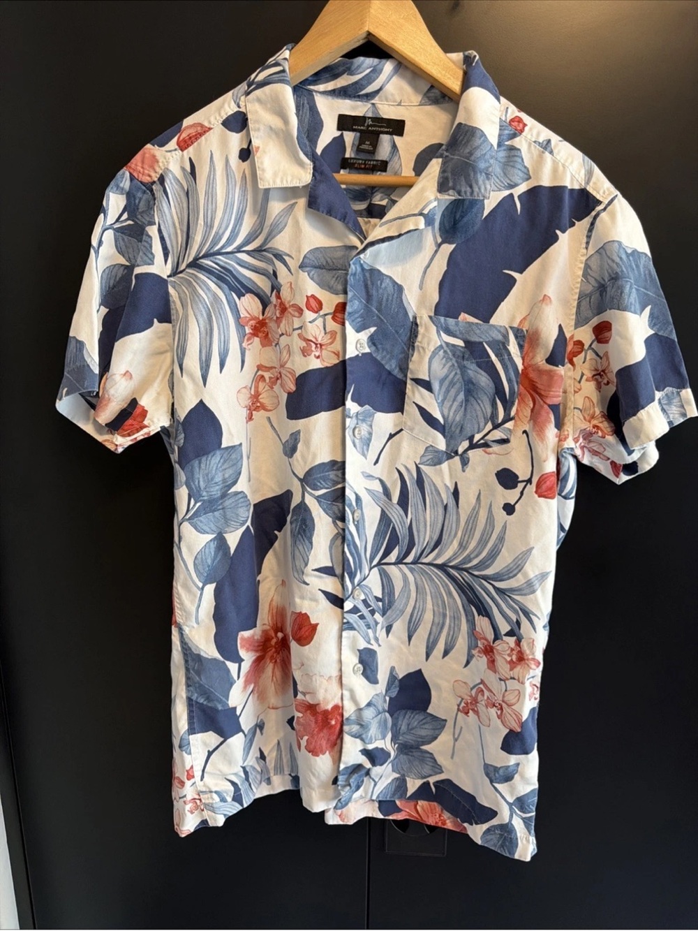 Marc Anthony White Short-Sleeve Button-Up with Blue & Coral Floral Print